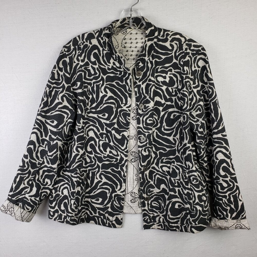 CHICO'S Quilted Jacket Reversible Ribbed Embroidered Abstract Print Floral sz M